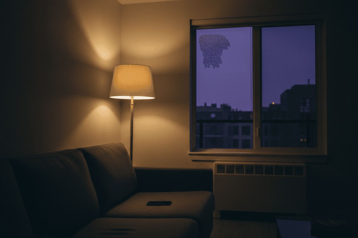 A quiet living room late in the evening, a brass lamp glowing beside an empty couch with a phone resting on the cushion