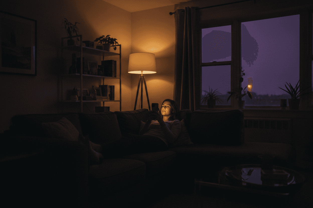 A person relaxing on a charcoal couch in the evening, holding a softly glowing phone