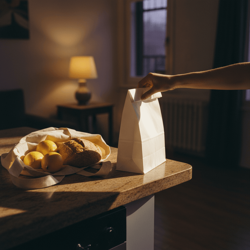 A hand setting a paper pharmacy bag beside a grocery tote with lemons and bread on a kitchen counter