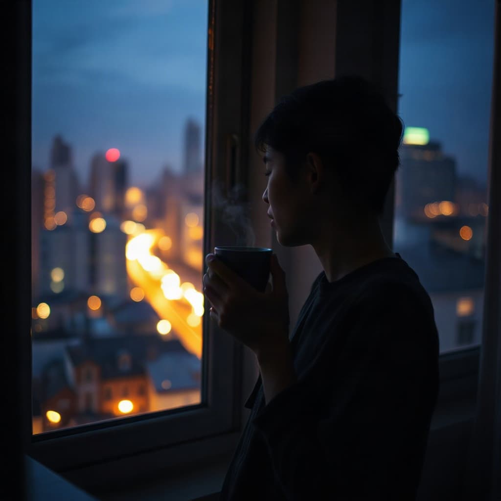 A person at an evening window speaking into their phone while holding a mug of tea